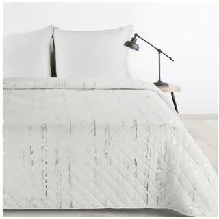 Design91 Tagesdecke Microfaser Decke, praktischer Überwurf, Allzweckdecke silber Muster, Gesteppt weiß 200 cm x 220 cm