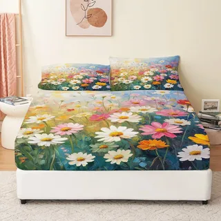 Weiche Atmungsaktivem Gelb Grün Bedruckte Spannbettlaken tiefen Taschen 30 cm hohe Matratzen, Cartoon-Blumen-Ölgemälde Spannbettlaken, 180 x 200 cm Gebürstete Mikrofaser Bettlaken