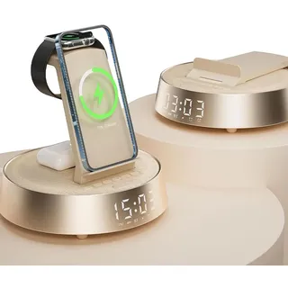 6-in-1 Kabelloses Ladegerät für iPhone und Samsung, Radiowecker mit Bluetooth-Lautsprecher, für Apple Watch, für AirPods mit Licht - Weiß