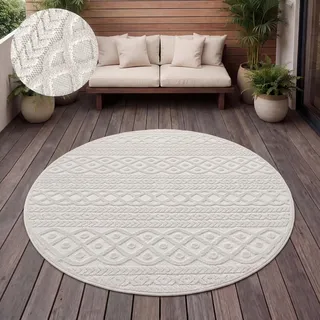 Paco Home Teppich Outdoor Wetterfest, Moderne abstrakte Boho Designs mit 3D Struktur, Pflegeleicht, ideal für Terrasse Wohnzimmer & Küche, Grösse:120 cm Rund, Farbe:Creme 4