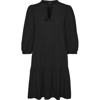 VERO MODA Damen Kurzes Crepe Kleid mit Kordel Midi Dress 3/4 Ärmel Sommerkleid Tunika, Farben:Schwarz, Größe:S