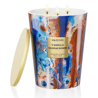 M&SENSE Große Duftkerze im Glas,Vanilla Sandalwood Scented Candle,150 Std Brenndauer Sojawachskerze mit 3 Dochten,990g XXL-Kerze zur Entspannung,Geschenk für Frauen,Weihnachten,Geburtstag,Muttertag