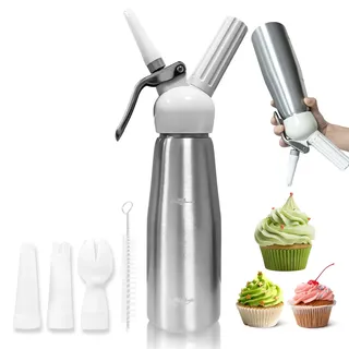 XIMEY Sahnespender, Sahnesyphon, Sahnespender Edelstahl 500mL, Espuma Flasche, für Sahne, Mousses, Desserts, Schlagsahne, Cocktails, Kaffee Dekorationen, Inklusive 3 Düsen + 1 Reinigungsbürste