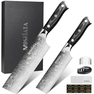 MOSFiATA 2er-Set Küchenmesser Nakiri Kochmesser Profi Messer 18cm & 14cm | aus Hochkohlenstoff-Edelstahl asiatisches Küchenmesser mit ergonomischem Holzgriff und Messerschärfer