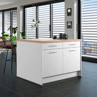 Impuls Kücheninsel IP 1200, Weiß, Eiche, Holzwerkstoff, 2 Schublade(n) Schubladen, nur wie online abgebildet bestellbar, 123.4x91.8x96.6 cm, Pefc, Goldenes M, Made in Germany, Ral-Gz 479, Zusatzausstattung erhältlich, vormontierter Korpus, Küchen, Küchenmöbel, Kücheninseln