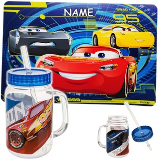 2 tlg. Set: Platzdeckchen + Trinkbecher/Henkeltasse/Trinkglas - Disney Cars - Auto - Lightning McQueen - inkl. Name - mit Strohhalm & Deckel - BPA frei - ..