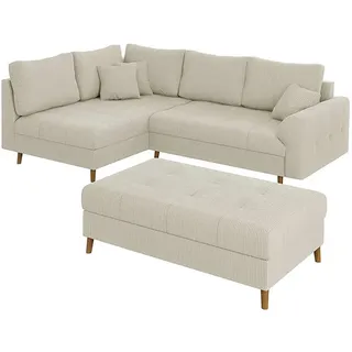 s-style möbel Ecksofa mit Schlaffunktion und Hocker mit Braun Holzfüßen im skandinavischen Stil aus Beige Cord-Stoff, Ottomane links 231x161 cm, Blauer Engel, FSC Mix, Oeko-Tex®, Hergestellt in Europa, Wohnzimmer, Sofas - Couches, Wohnlandschaften,