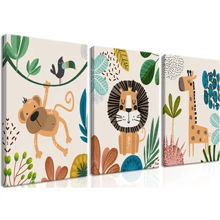 AKWISH Kunstdruck auf Leinwand, gerahmt, Boho-Design, Safari-Dekoration mit Baby-Tieren, perfekt für Baby-Jungen- oder Mädchenzimmer, Kinderzimmer, 30.5x40.6x7.6 cm, 3 Stück