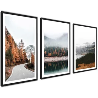 3er Set Poster 30x40cm Mit Rahmen Schwarz Wanddeko Wohnzimmer Schlafzimmer | Natur Landschaft Waldstraße Berge Wald Braun Gold, Ideal als Geschenk, Modernes Design, Hochwertige Qualität, Flur