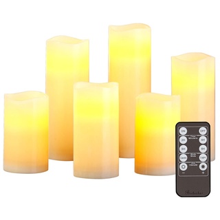 Britesta LED-Kerzen-Set mit Timer: 6er-Set dimmbare LED-Echtwachskerzen mit Fernbedienung, in 5 Größen (LED-Kerzen/Echtwachs mit Timer, realistische Kerzen, Fernbedienungen)