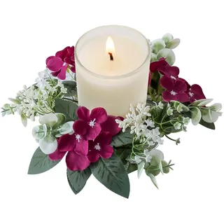 Blumenkerzenringe, 25,4 cm, kleiner Kerzenkranz, künstliche Kerzenringe für Säulen, Hortensien, Kerzenringe, Kränze für Hochzeit, Tische, Zuhause, Tür, weinroter Kerzenkranz, Kerzenringe für Säulen, F