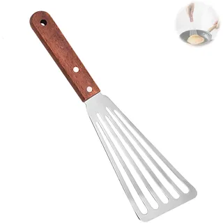 Nevoluxer Pfannenwender Edelstahl Fish Spatula, Küchenhelfer mit Schlitzen und Holzgriff für Fisch Fleisch Eier, Ideal zum Braten Wenden und Pfannkuchen, Robustes Edelstahl-Design