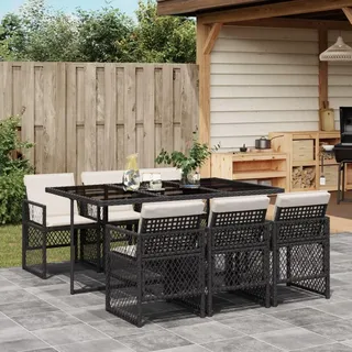 IKAYAA Polyrattan Gartenmöbel Set für 6 Personen, Garten Sitzgruppe, Essgruppe, Gartengarnitur, Rattan Sitzgarnitur, Gartentisch mit 6 Stühle & Kissen Schwarz und Creme