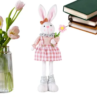 Osterhase Deko Hase, Osterhase Figuren Mit Teleskop Beine, Groß Hase Deko Hasen Wichtel Mit Ausziehbaren Beinen, Osterhasen Plüsch Puppe Mit Blumen Und Karotten, Osterhasen Figur Frühlingsdeko