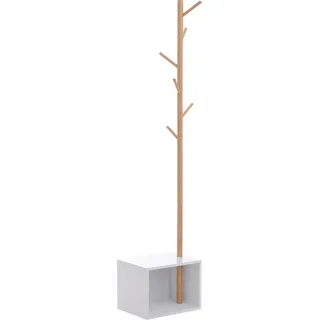 HOMCOM Garderobenständer Kleiderhaken Garderobe mit Sitzbank Stauraum Baum-Design Zweige 6 Haken Bambus Weiß Natur 40 x 30 x 180 cm   Aosom