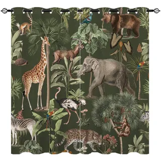 YUANZU Safari Wild Tier Vorhänge Bär Giraffe Dschungel Ösen Gardinen mit Blickdichte Vorhang Kälteschutz Blackout Curtain Kinderzimmer Schlafzimmer Verdunkelung Fenster, 2 Stück, H 220 x B 140 cm