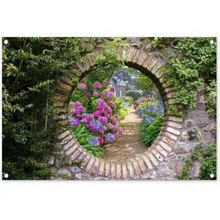 MuchoWow© Gartenposter 90x60 cm Outdoor Bilder Gartendeko für draußen Wetterfest Garten Deko Banner Draußen Bild Garden Decoration Fensterblick - Blumen - Hortensie - Sommer