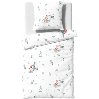 FLEURESSE Aspen Wichtel Zweige Häuser Schnee Feinbiber Rot/Weiß 155 x 220 cm + 80 x 80 cm