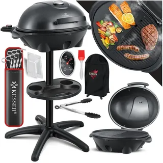 KESSER Elektro-Standgrill, elektrischer Grill Set mit Deckel, Thermometer & Antihaftbeschichtung schwarz