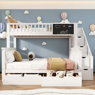 lanki international Odikalo Kinder-Etagenbett, Doppelbett, multifunktionales Kinderbett, mit Tafel und Schubladen, ohne Matratze, weiß, 140*200 - Weiß