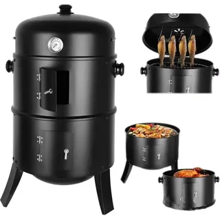 3-in-1 Holzkohlegrill, Bbq Grill, Räucherfass, Räuchergrill Mit Thermometer, 3-in-1 Räucherfass Für Kochen Im Freien