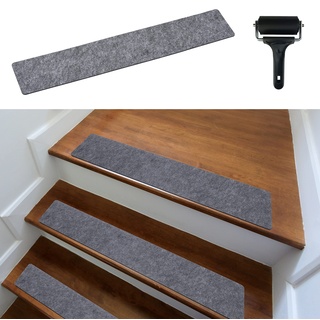 cocofy Treppenstufen Matten modern 15er Set, 60x12 cm groß Filz selbstklebend | Stufenmatten innen 15 Stück Teppich Treppenstufen Treppenteppich selbstklebend Treppen Teppichstufen Stufenteppich, grau