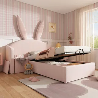 Merax Kinderbett Mädchen 90x190cm, Polsterbett, Prinzessin Bett mit Hydraulisch Stauraumbett, Hasenohren-Kopfteil und Nachttisch, Mädchen Bett mit Lattenrost, Samt, Ohne Matratze, Rosa