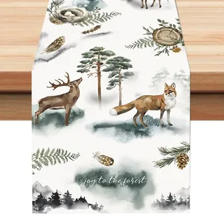 BSITSSS Tischläufer Weihnachten 33 x 183 cm, Tischdeko Weihnachten Wald, Weihnachtstischläufer Aquarell Elch Fuchs Für Winterdeko Saisonnal Küche Tisch Drinnen Urlaub Party Dekor