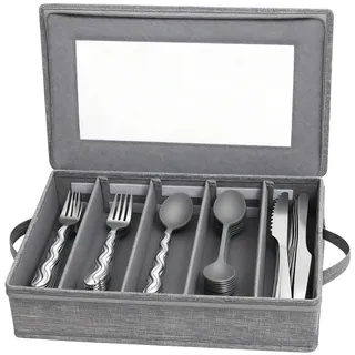 Besteckkasten mit Deckel für Schubladen, Besteck-Aufbewahrungsbox für Besteck, Verstellbarer Utensilien Organizer, Besteckeinsatz für Utensilien Messer, Besteckbox für Küche und Tisch, Grau 41*33*12cm