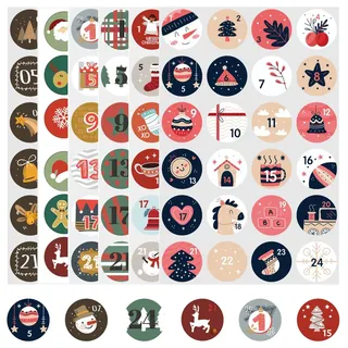 JEKRWNOY Adventskalender Zahlen Aufkleber,1-24 Adventskalender Aufkleber,Klebezahlen Selbstklebend Etiketten Basteln Weihnachten,Rund Zahlenaufkleber Nummern