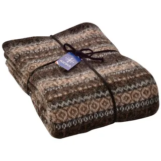 Wolldecke - Strickdecke mit Traditionsmustern - streifig gemustert - Farbe braun, KIDKA, - aus rauer isländischer Wolle braun