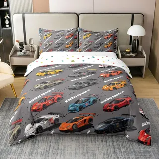 Loussiesd Racing Car 100% Baumwolle Bettwäsche Set 135x200cm Spiele Auto Betten Set Ultra Soft Car Theme Bettbezug Set für Kinder Jungen Mädchen Speed Sportwagen Bettwäsche-Set Zimmer Dekor Automobil