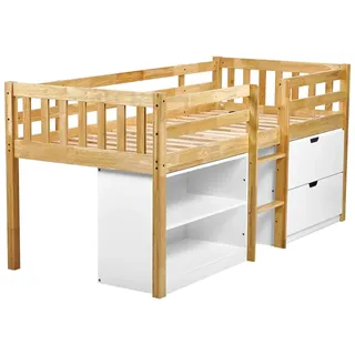 Beliani Hochbett Susville 90 x 200 cm Gummibaumholz hellbraun/weiß