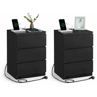 VASAGLE Nachttisch 2er Set, mit Steckdosenleiste, Beistelltisch, 3 Schubladen, abgeschrägte Kante, 2 AC-Steckdosen, 2 USB-Anschlüsse