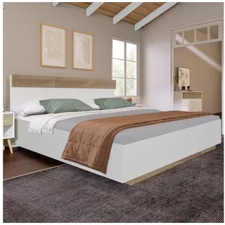 SOFTWEARY Holzbett Doppelbett mit Lattenrost und Kopfteil (180x200 cm), Schwebebett weiß 184 cm x 205 cm x 90.5 cm
