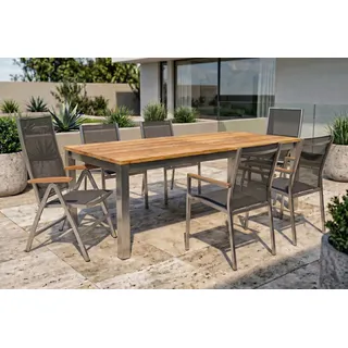 STERN Cardiff Garten-Essgruppe, silber/silbergrau, Edelstahl/Teak, Tisch 220/340 x 100 cm, 4 Stapel-, 2 Klappstühle, FSC®-zertifiziertes Produkt