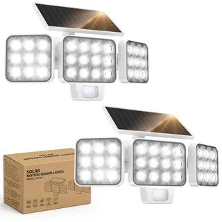 GEARLITE Solarlampen für Außen mit Bewegungsmelder 2Pack, 4-in-1LED Superhelle 3500LM Solarleuchte 3 Köpfe, 3 Modi, 270° Weitwinkelbeleuchtung, IP65 Wasserdicht Solar Wandleuchte für Garage Hof - Weiß