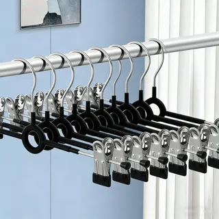 10 Stück Metall Hosenbügel mit Klammern,30cm Rockbügel Kleiderbügel für Röcke & Hosen | Platzsparend Klemmbügel |360° Drehbarer Haken Hosenspanner,schwarz,rutschfest