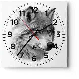 Modern Wanduhr Wolf Tier Skandinavisch 30x30cm Quadrat Klein Wand Uhr Glas Analog Zimmeruhren Küche Büro Wohnzimmer Glasuhr Wall Clock Dekoration Design Wanddekoration Küchenuhr C4AC30x30-5661