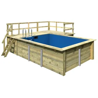 Karibu Rechteck Pool Gr. 2 - 350 x 440 cm - kesseldruckimprägniert Sparset mit Filteranlage Grundkörper inkl. Terrasse am Einstieg und seitlich