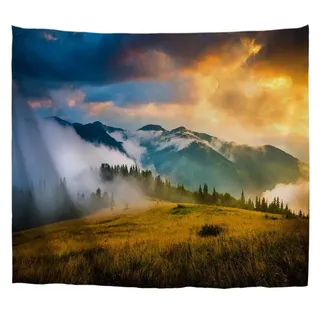 A.Monamour Wandteppiche Nebligen Wald Berg Bewölkten Himmel Natur Landschaft Fotografie Bild Gedruckt Stoff Wandbehang Tapisserie Wandbild Vorhang Wandkunst Wanddekor Für Schlafzimmer 180x230cm