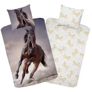 MTOnlinehandel Kinderbettwäsche Pferdebettwäsche 135x200 + 80x80 cm, 100 % Baumwolle, Renforcé, 2 teilig, YKK Reißverschluss · Pferde Motiv für Mädchen & Teenager bunt