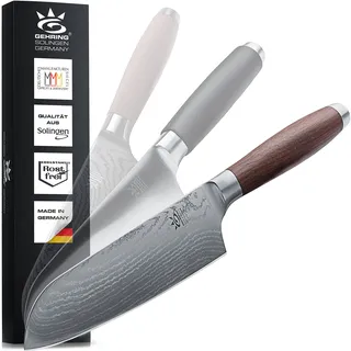 SOLINGEN PREMIUM MYII | Santoku Messer/Damastmesser | Scharfes Profi Küchenmesser, made in Germany, eisgehärteter Damaststahl VG10 mit ergonomischem Nussbaum - Holzgriff...