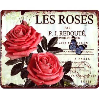 Moritz Metallschild Blechschild Les Roses Schmetterling, (Einzeln), 20 x 25cm Vintage Retro Deko Schild Metallschild Wandbild Schild