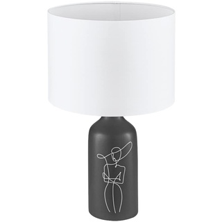 EGLO Tischlampe Vinoza, Nachttischlampe mit Lampenschirm, Tischleuchte aus Keramik in Schwarz mit Motiv und Textil in Weiß, Deko Schlafzimmer, Wohnzimmer Tisch Lampe, E27 Fassung