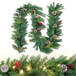 FIVMEN Weihnachtsgirlande mit Beleuchtung 500 cm Tannengirlande Weihnachtskranz Türkranz Weihnachten Stecker Stromversorgung mit Tannenzapfen Rote Beere Weihnachtsdeko Aussen