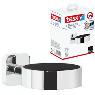 tesa ELEGAANT Föhnhalter - 86 mm x 50 mm x 130 mm | Runder Haartrockner-Halter zur Wandbefestigung ohne Bohren - aus verchromtem Metall - inkl. Klebelösung