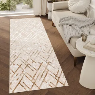 TAPISO Crystal Läufer Teppich Glänzend Gold Beige Creme Linien Figuren Zigzag Wohnzimmer Schlafzimmer Flur Korridor Modern Design ÖKO-TEX 120 x 200 cm