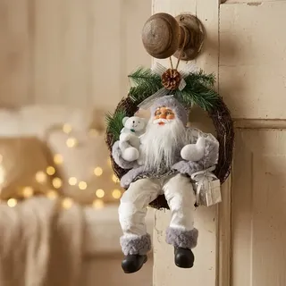 Weihnachtsmann 45cm im Kranz LED Deko Figur Türkranz Weihnachten grau silber