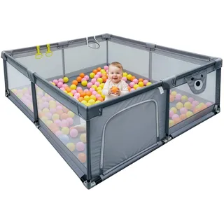 Relaxdays Laufstall Baby, 200 x 200 cm, Laufgitter, 50 Bällen, 2 Laufstallringe, sichere Spielecke, Oxford-Gewebe, grau